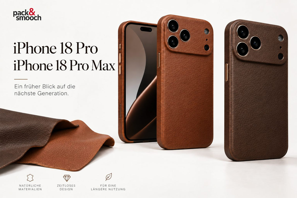 Konzeptdarstellung von iPhone 18 Pro Hüllen aus Leder in Cognac und Dunkelbraun, daneben Lederzuschnitte, Pack & Smooch