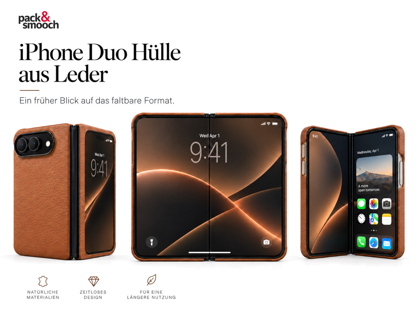 Drei Ansichten der iPhone Duo Hülle aus hellbraunem Leder: zugeklappt mit Kamera und Außendisplay, aufgeklappt mit dem großen Innendisplay und angewinkelt aufgestellt