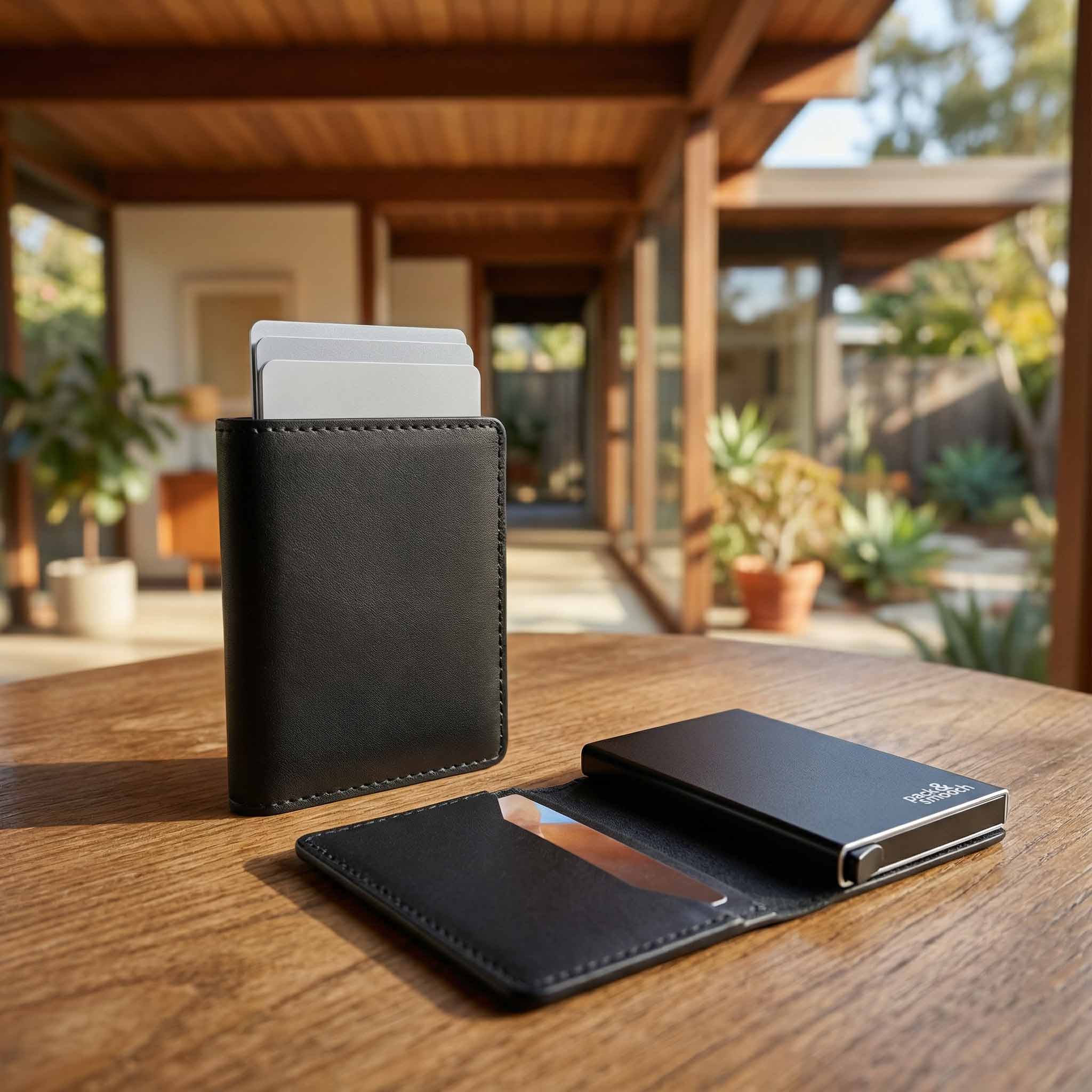 HERFORD Miniwallet – Kartenetui aus Premium-Leder in Schwarz, schlankes Design, Aluminium-Kartenslider, handgefertigt.