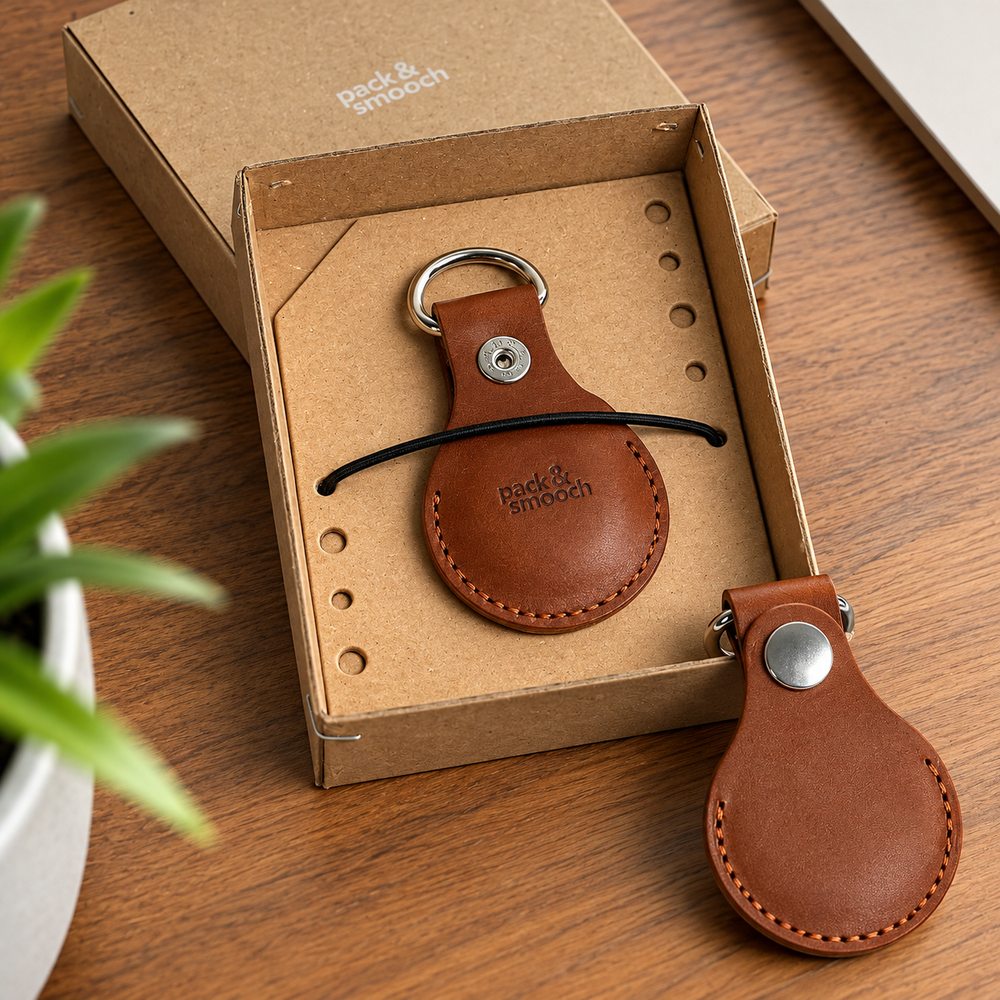 AirTag Schutzhülle aus Leder in der Geschenkschachtel, der Schlüsselring liegt obenauf