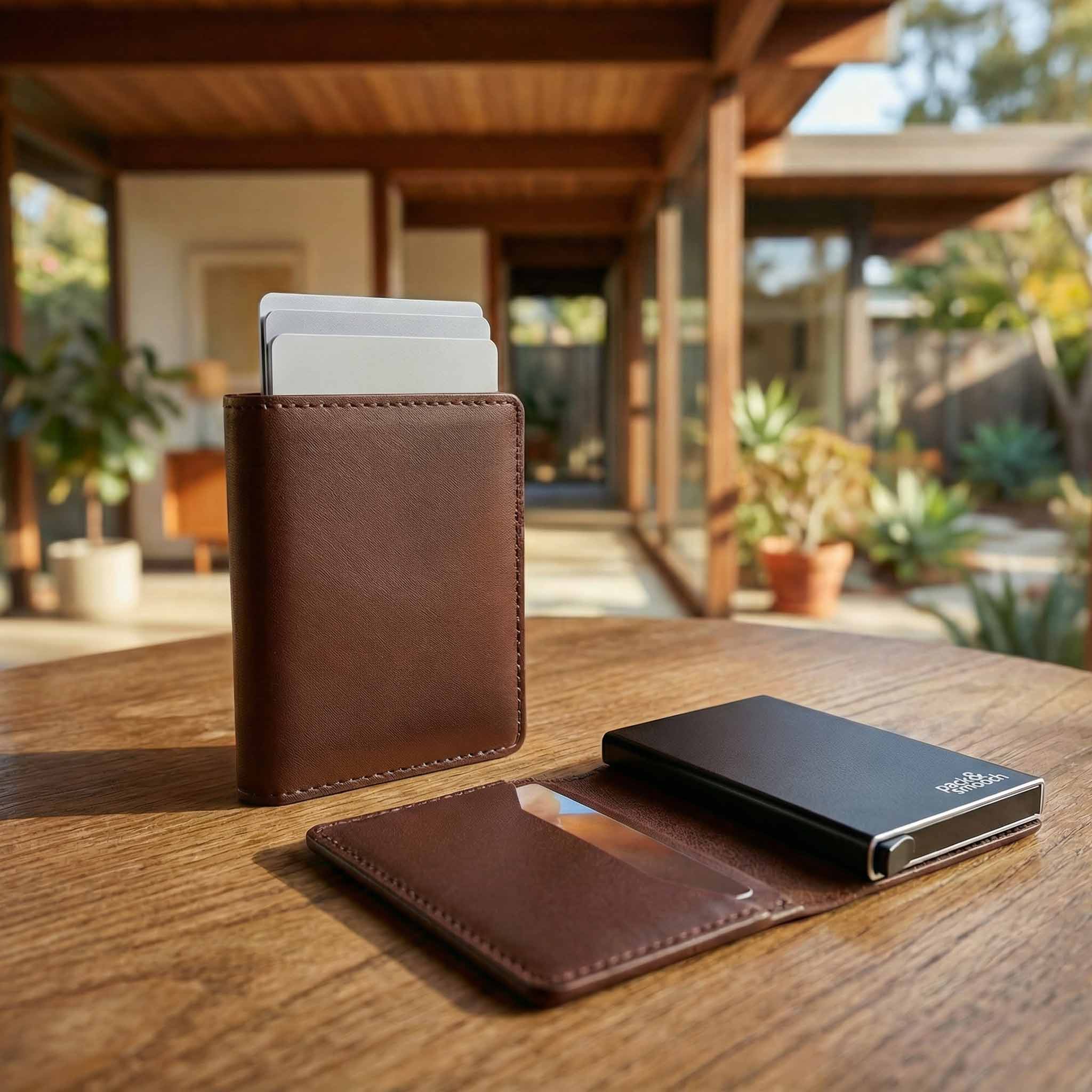 HERFORD Miniwallet – Kartenetui aus Premium-Leder in Schokobraun, schlankes Design mit Aluminium-Kartenslider.