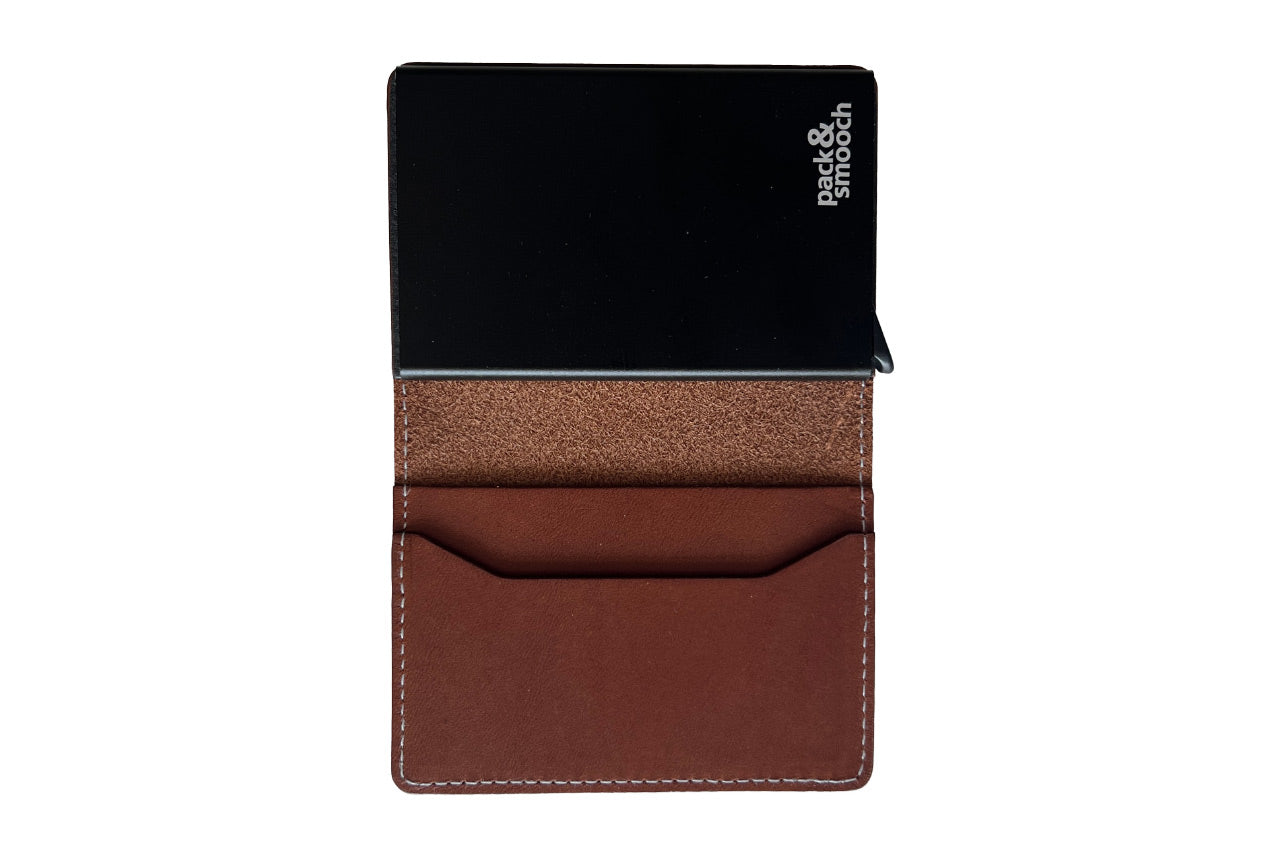 HERFORD Miniwallet – Kartenetui aus Premium-Leder in Schokobraun, handgefertigt mit Aluminium-Kartenslider