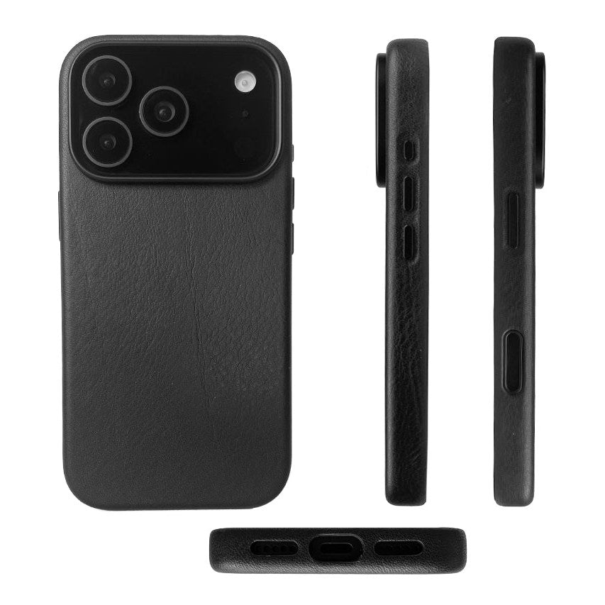 IPhone case for iPhone 17 Pro Max in black leather, from the back, both sides and the bottom edge with its cut-outs, model CHESTER