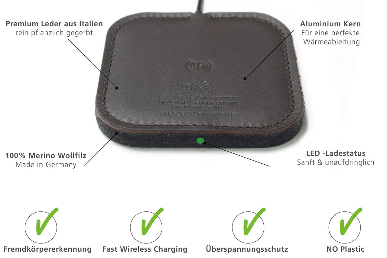 Wireless Charger TAURUS für iPhone Farbe: Dunkelbraun Pack & Smooch