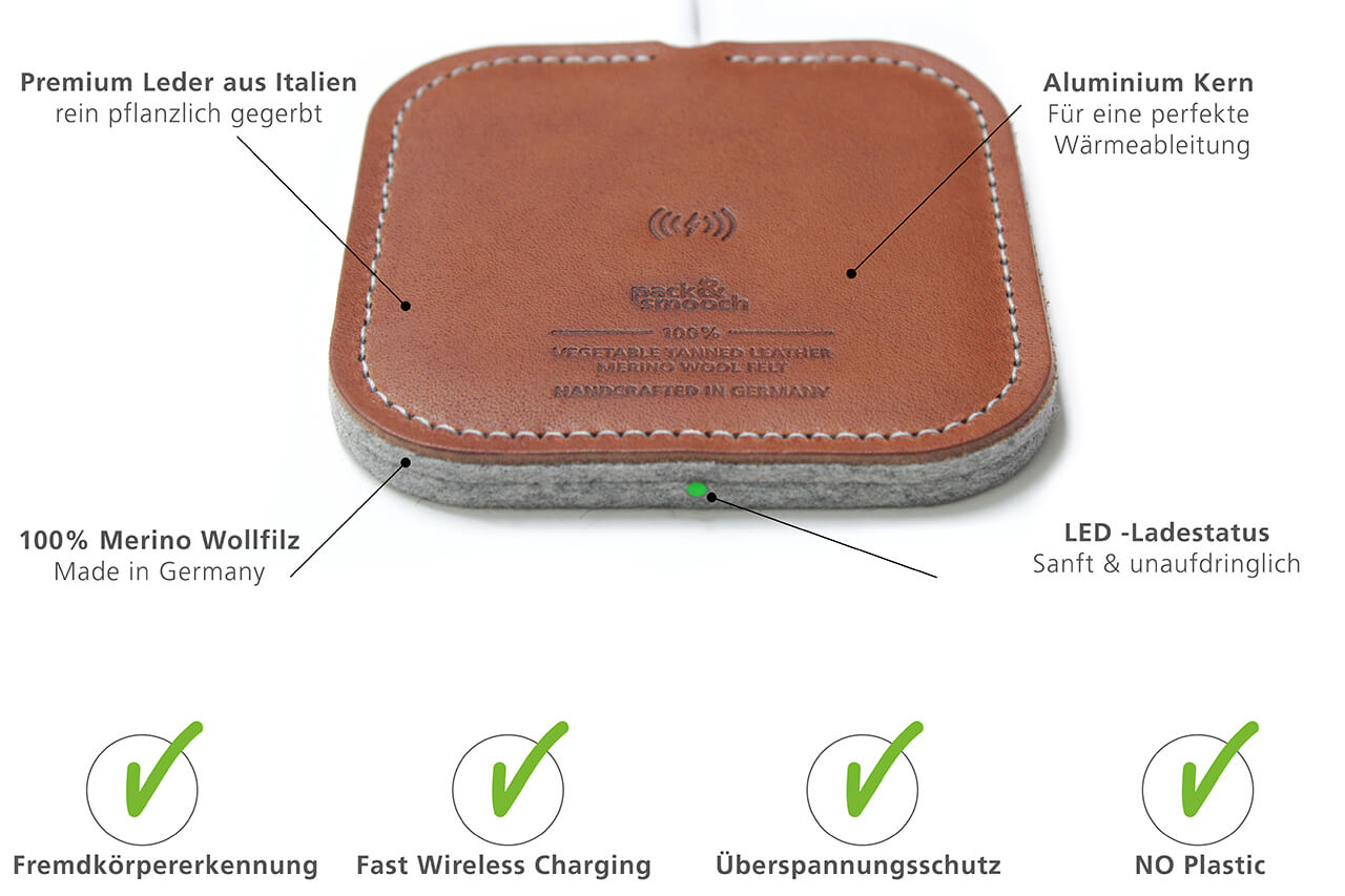 Wireless Charger TAURUS für iPhone Farbe: Dunkelbraun Pack & Smooch