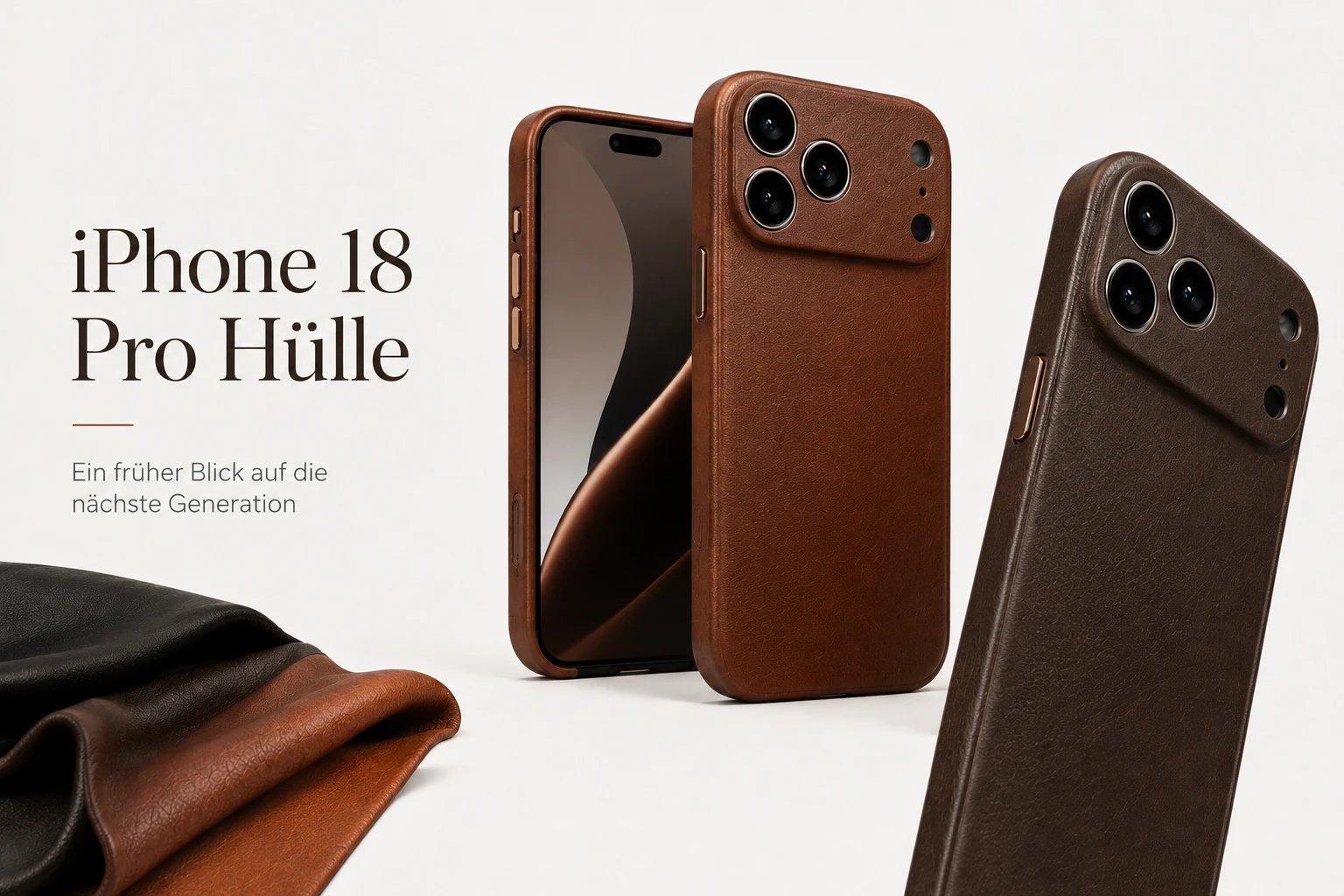 Konzeptdarstellung von iPhone 18 Pro Hüllen aus Leder in Cognac und Dunkelbraun, daneben Lederzuschnitte, Pack & Smooch