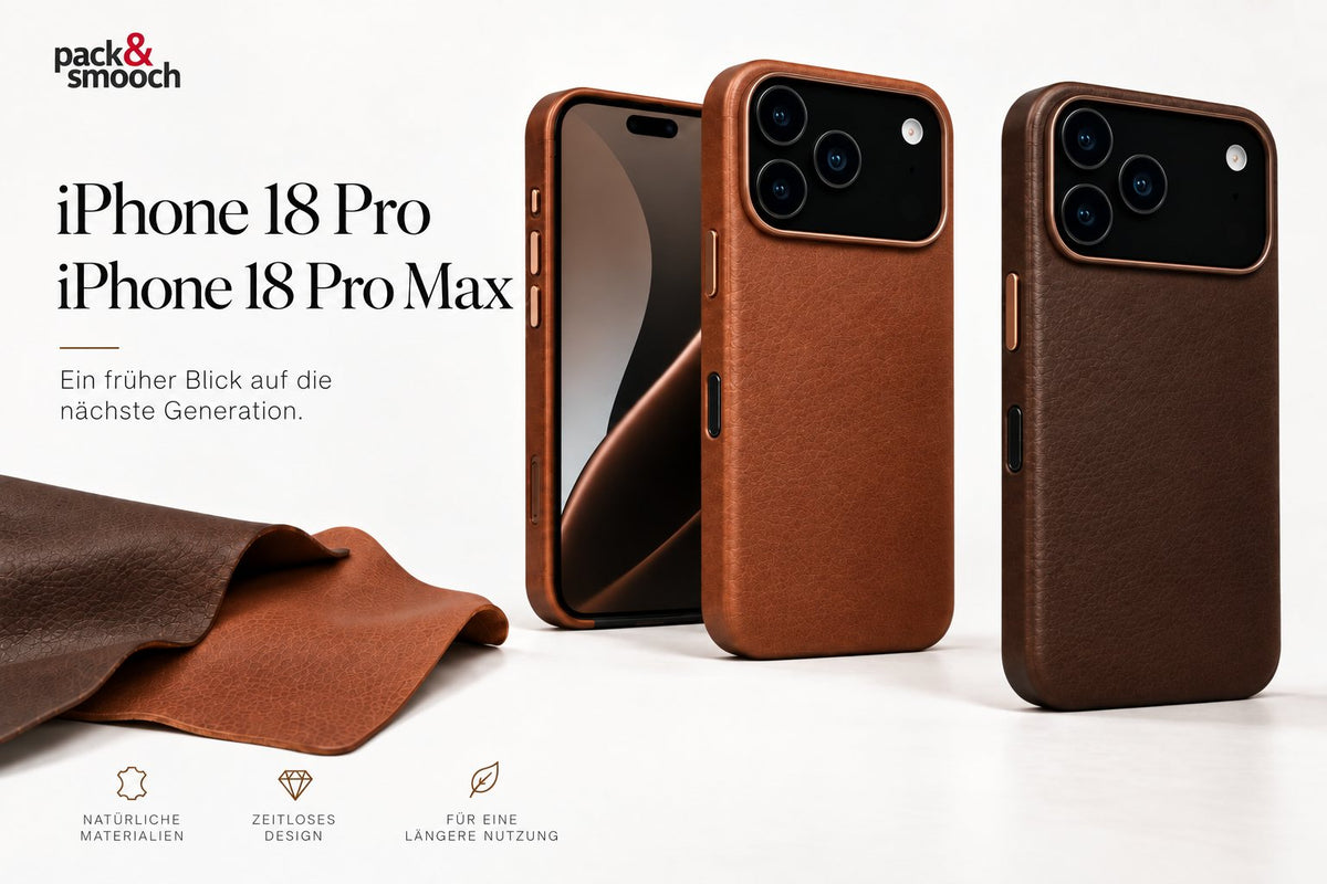 Konzeptdarstellung von iPhone 18 Pro Hüllen aus Leder in Cognac und Dunkelbraun, daneben Lederzuschnitte, Pack & Smooch