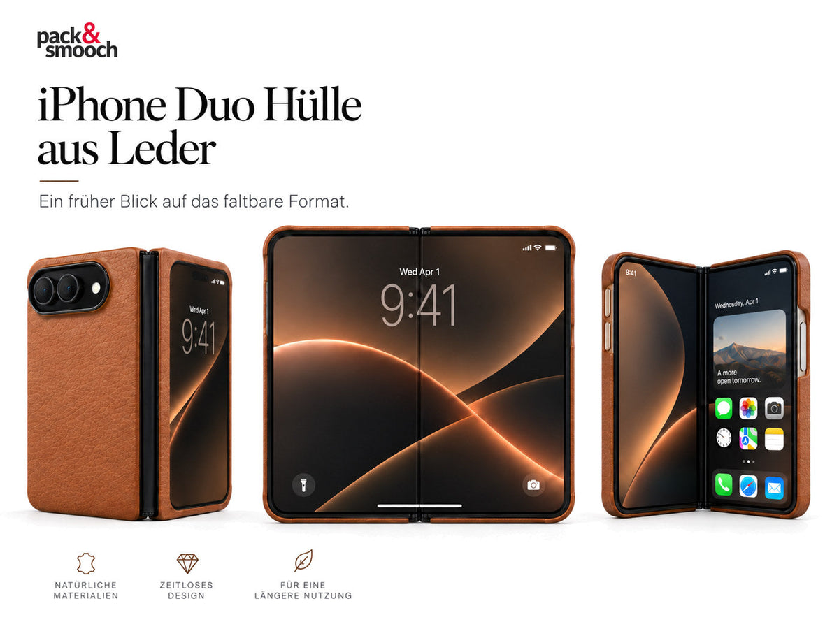 Drei Ansichten der iPhone Duo Hülle aus hellbraunem Leder: zugeklappt mit Kamera und Außendisplay, aufgeklappt mit dem großen Innendisplay und angewinkelt aufgestellt