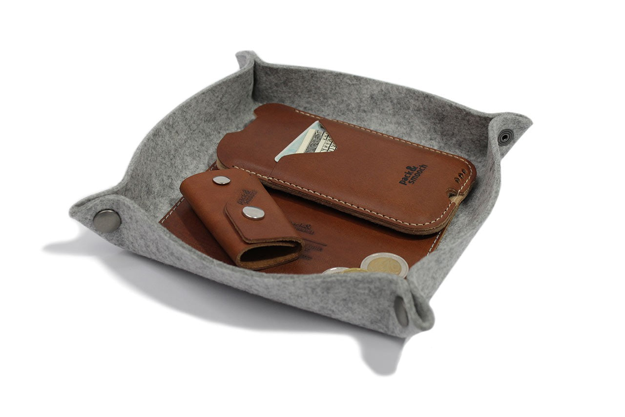 Key tray CORBY made of wool felt and leather - gray - light brown