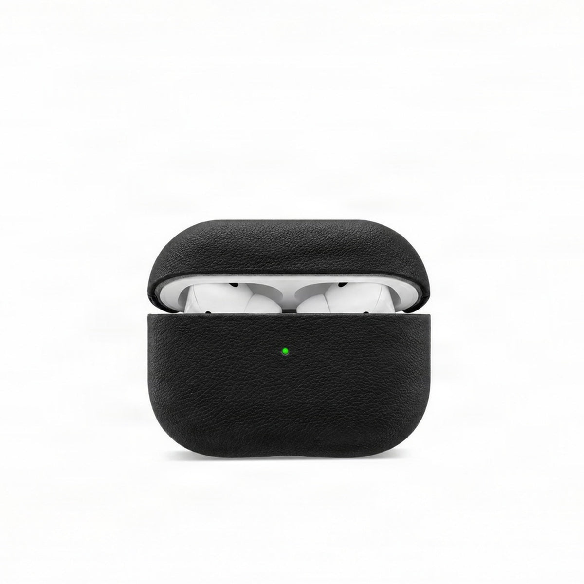 Schwarze AirPods Hülle aus Leder von vorn mit geöffnetem Deckel und Statusleuchte, Modell OTLEY