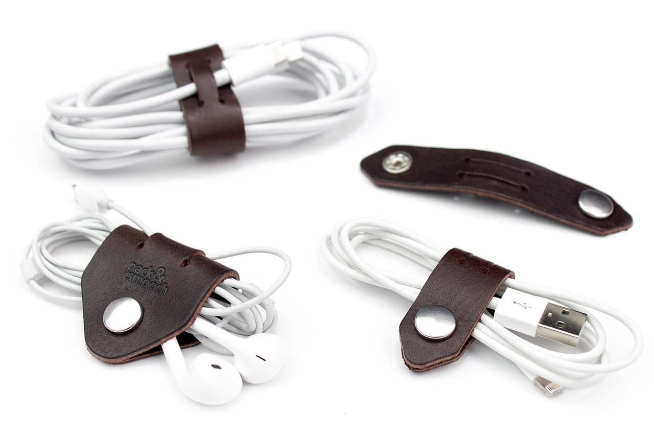 Cable organizer set made of leather - dark brown