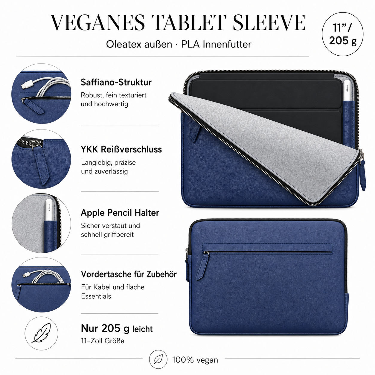 Merkmale der veganen iPad Hülle: Saffiano-Struktur, YKK-Reißverschluss, Apple Pencil Halter, Vordertasche, 205 Gramm