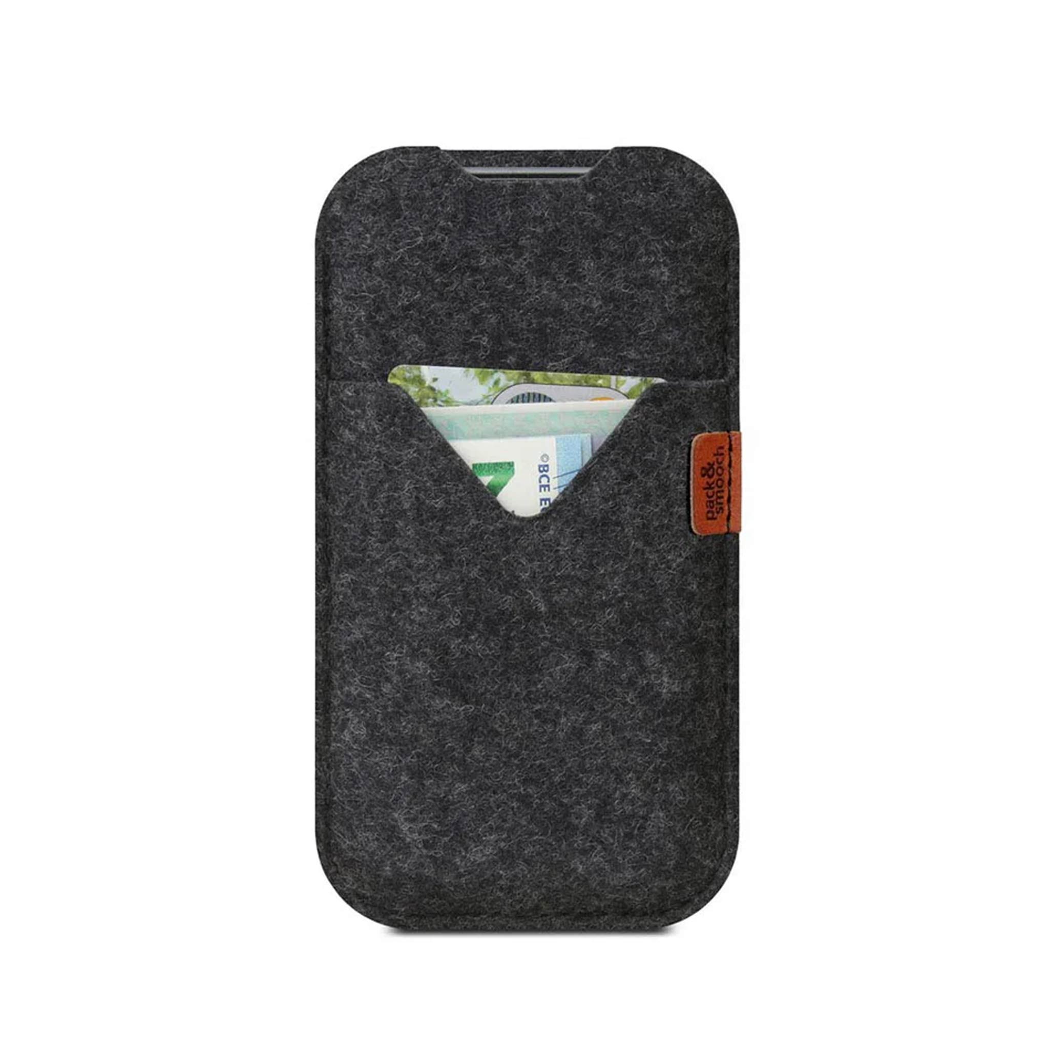 iPhone Hülle SHETLAND aus Wollfilz in schwarz für iPhone 17 mit Extra-Fach für Geldscheine