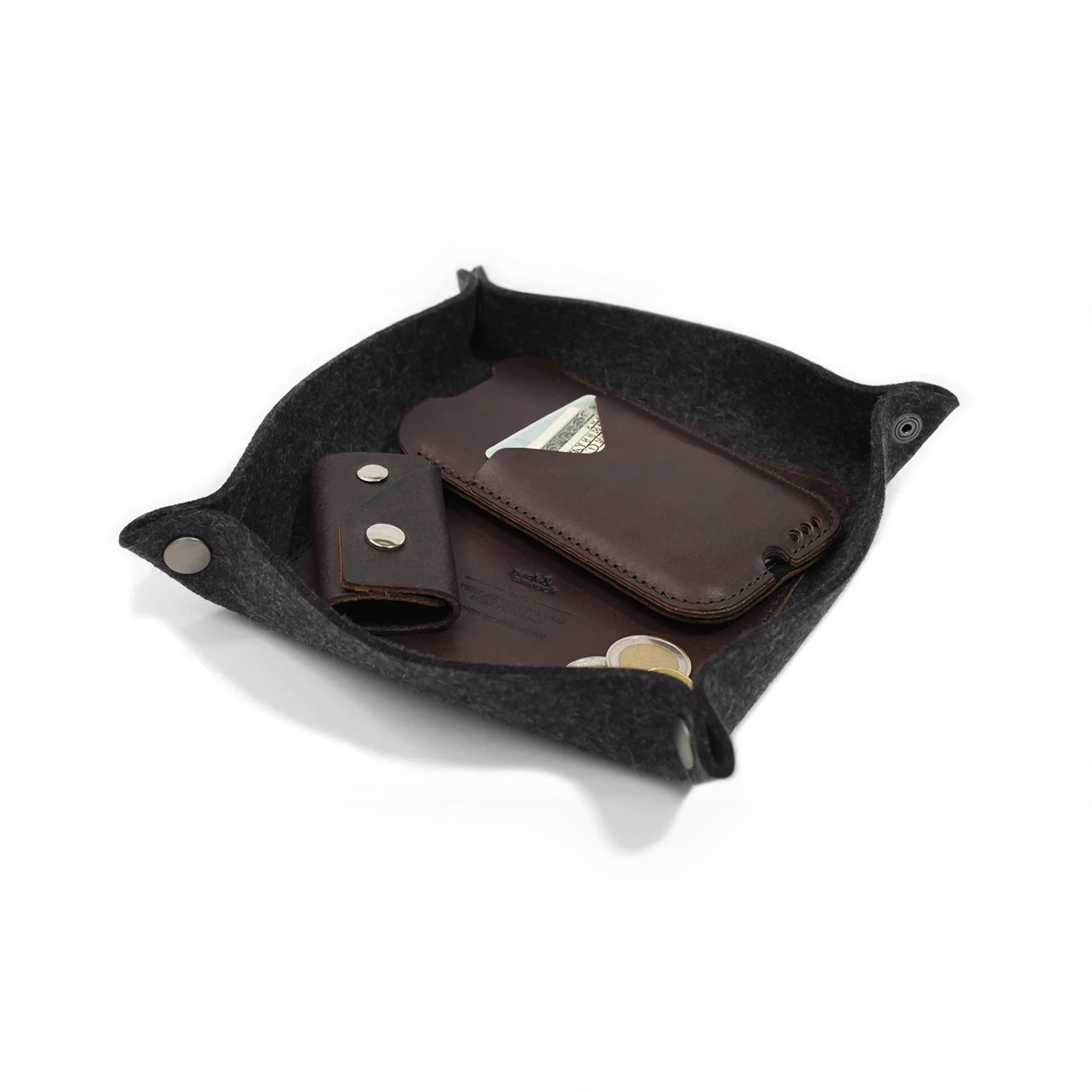 Key tray CORBY made of wool felt and leather - dark gray / dark brown