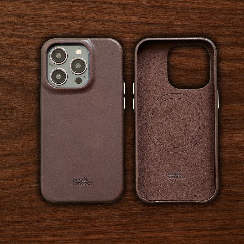 Dark brown leather iPhone case on the iPhone Pro Max, the microfibre lining beside it, model CHESTER