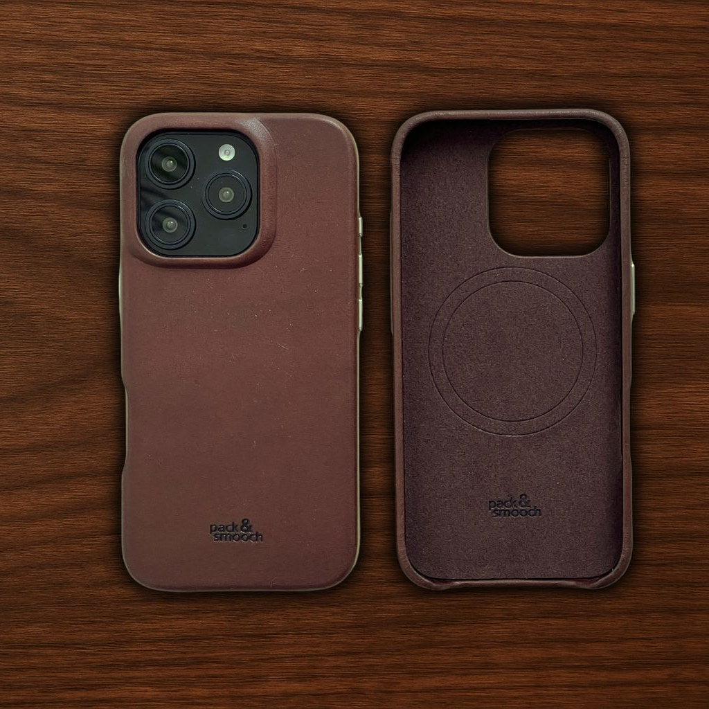 IPhone case for iPhone 16 Pro Max in dark brown leather on walnut, beside it the open inside, model CHESTER