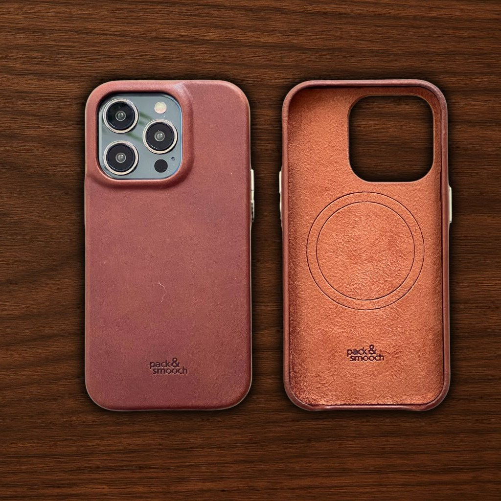Light brown leather iPhone case on the iPhone 15 Pro, back and inside compared, model CHESTER
