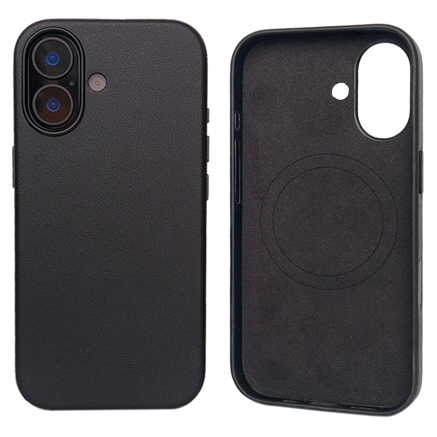 Leather iPhone case in black outside and inside, the lining with the MagSafe ring beside it, model CHESTER