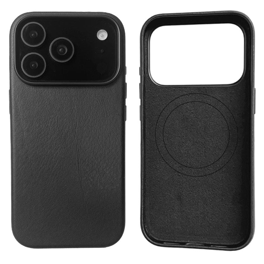 IPhone case for iPhone 17 Pro in black leather, back and the empty case with the MagSafe ring, model CHESTER