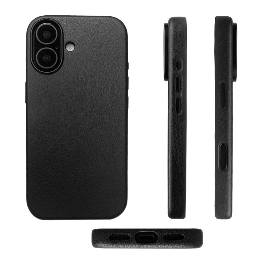 IPhone case for iPhone 17 in black leather, back, side edges and bottom edge, model CHESTER