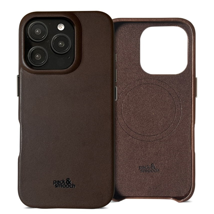 IPhone case for iPhone 16 Pro in dark brown leather, beside it the lining with MagSafe ring and embossing, model CHESTER