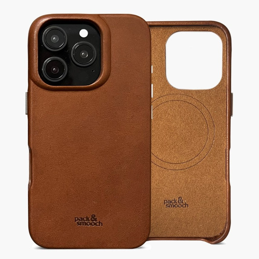 IPhone case for iPhone 16 Pro in light brown leather, beside it the inside with the pack & smooch embossing, model CHESTER