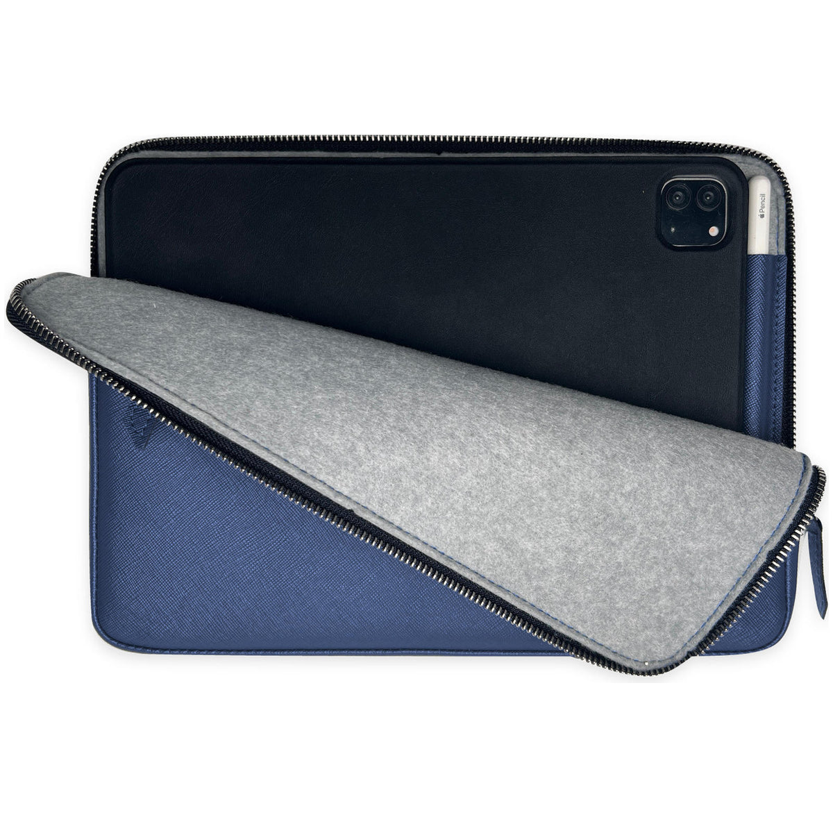 Vegan iPad sleeve ANGUS in medium blue, open with iPad Pro and Apple Pencil, lined with light grey plant-based felt and a wraparound metal zip