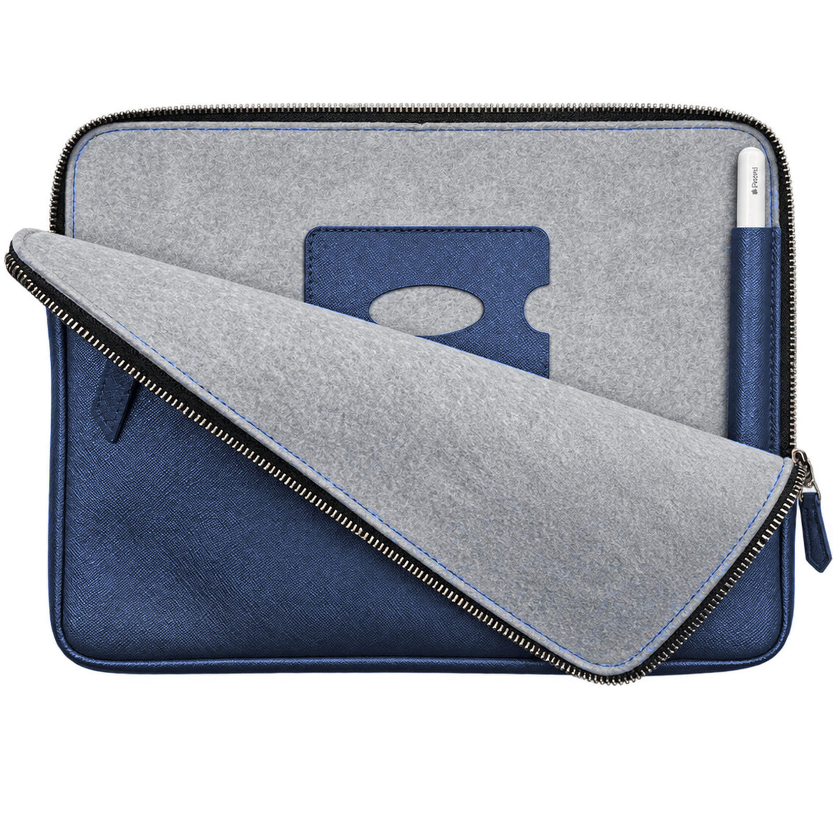 Open vegan iPad sleeve ANGUS in medium blue, empty, lined with light grey plant-based felt with a stitched card slot and an Apple Pencil in the side holder