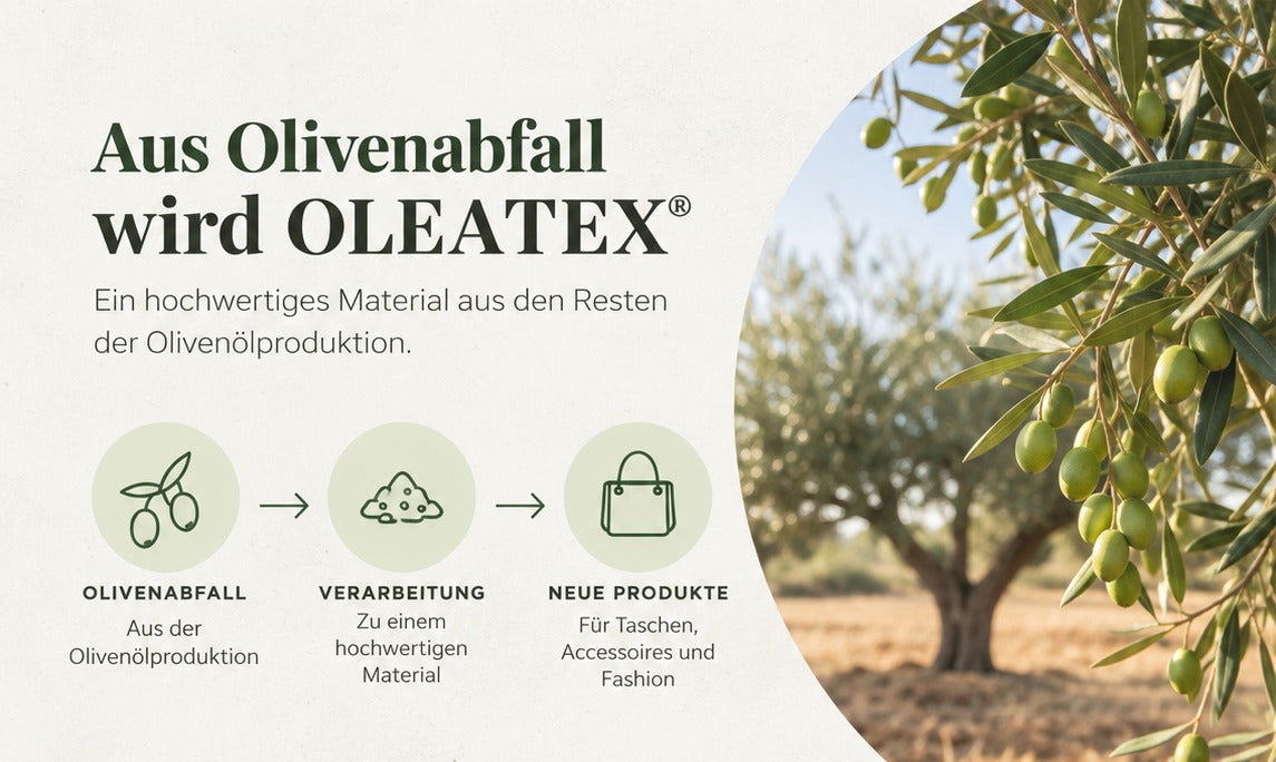 Infografik in drei Schritten: Aus Olivenabfall der Olivenölproduktion wird über die Verarbeitung das vegane Außenmaterial Oleatex für Taschen und Hüllen