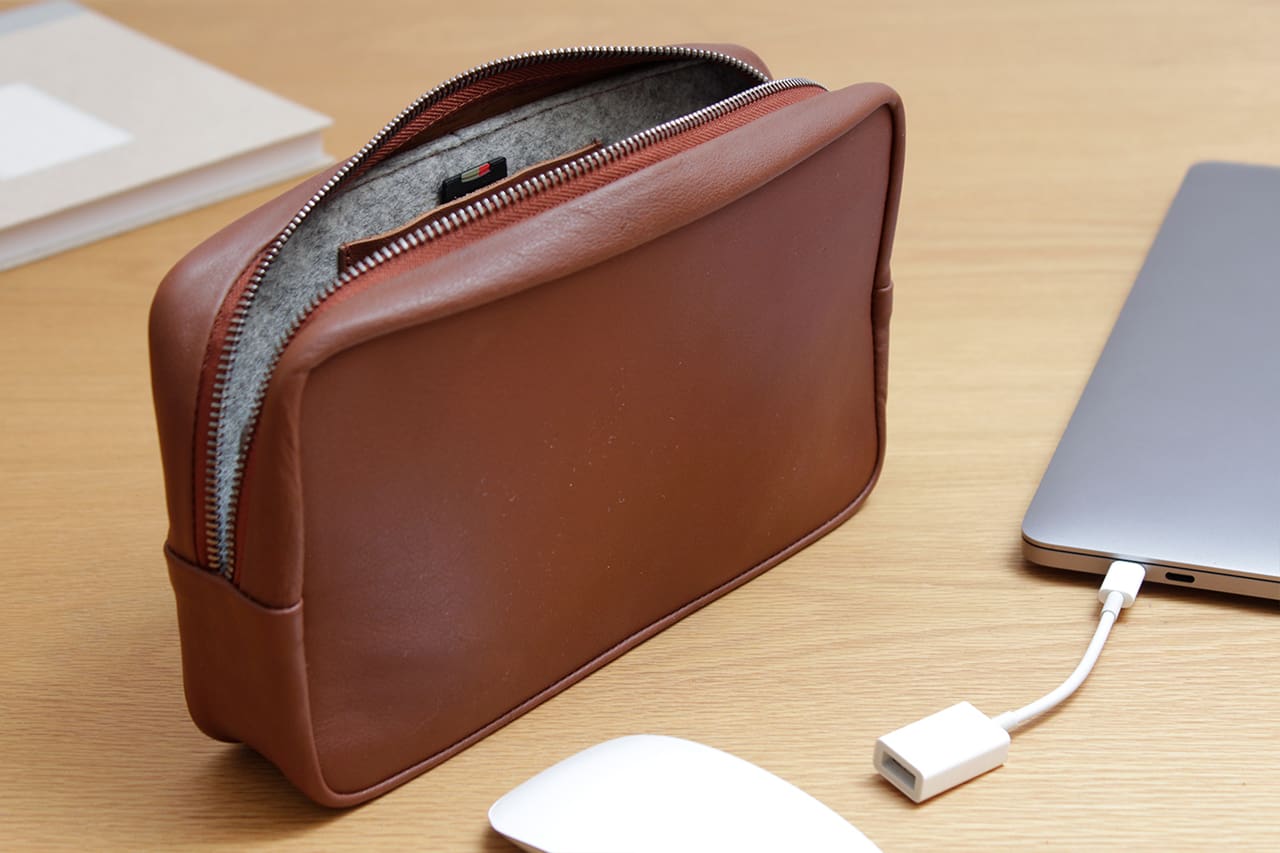Leather iPad and MacBook cable case, leather accessory bag, handmade